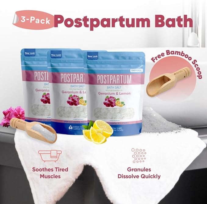 Postpartum Bath Salt (3 Pack with Scoop) Postpartum Bath Soaks USP Grade Epsom Salt with Pure Essential Oils in BPA Free Pouch with Press Lock Seal Made in USA Three 2 Lbs Pouches 6 Lbs Total