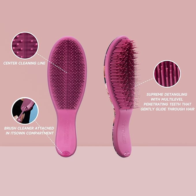 Supreme Brush + Cleaner, Gentle Detangling, Detangler Hair Brush for All Hair Types. For use on Wet or Dry Hair (Fuchsia Pink Floral)