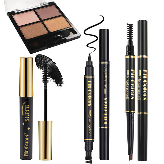4-in-1 Eye Makeup Kit 4-Color Eyeshadow Palette Double-Ended Liquid Eyeliner Volumizing Mascara Eyebrow Pencil & Brush for Daily Makeup（02#)