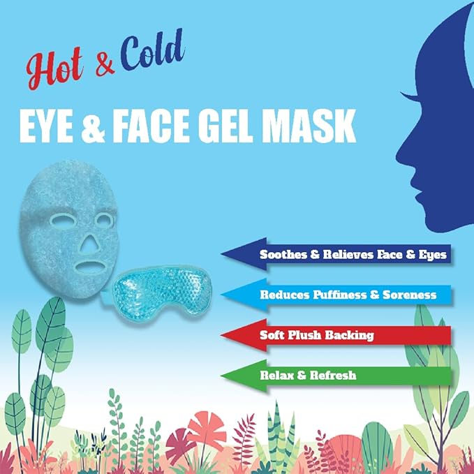 USA Merchant - 2PCs Cold & Hot Face and Eye Gel Mask, Reduce Puffiness, Dark Circles, Swelling, Headache, Skin Care Reusable Reversible Cooling and Hot Mask (Eye & Face Mask Blue)