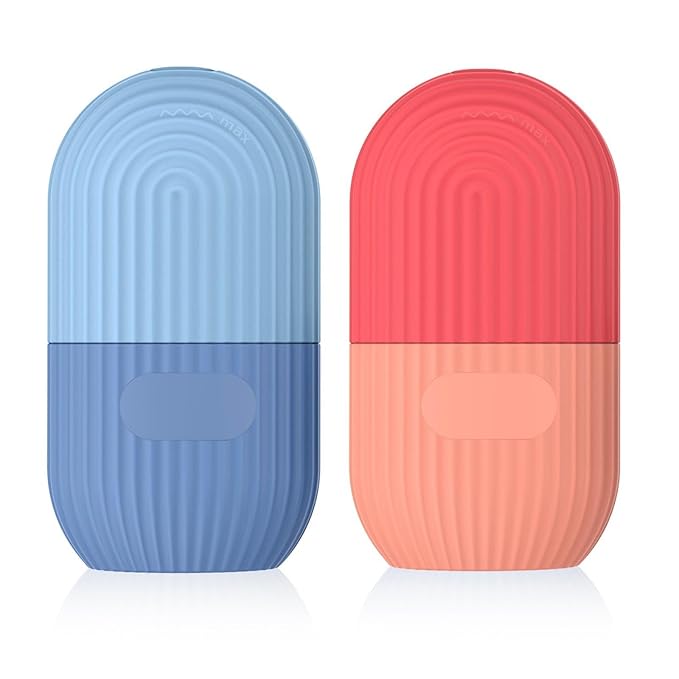 2pcs Ice Roller for Face and Eye, Silicone Ice Facial Roller Ice Holder, Face Ice Mold Skin Care, Face Icers Reusable Ice Cube Roller for Shrink Pores Anti Wrinkle Reduce Puffiness, Pink Blue