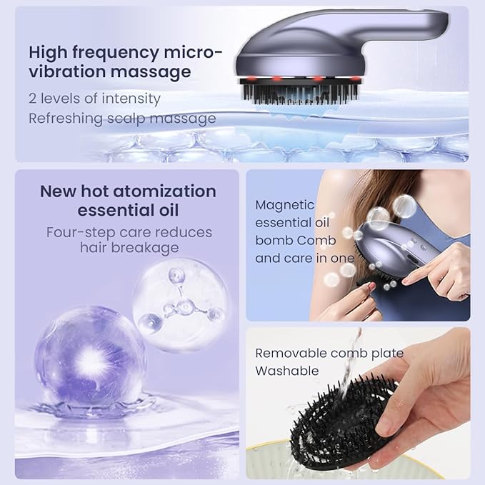 Electric Scalp Massage Comb, Portable Electric Scalp Massager with Essential Oil Atomization, Combines Relaxing Scalp Massage with Hair Nourishment, Helps Relieve Head Tension and Stress (Grey)