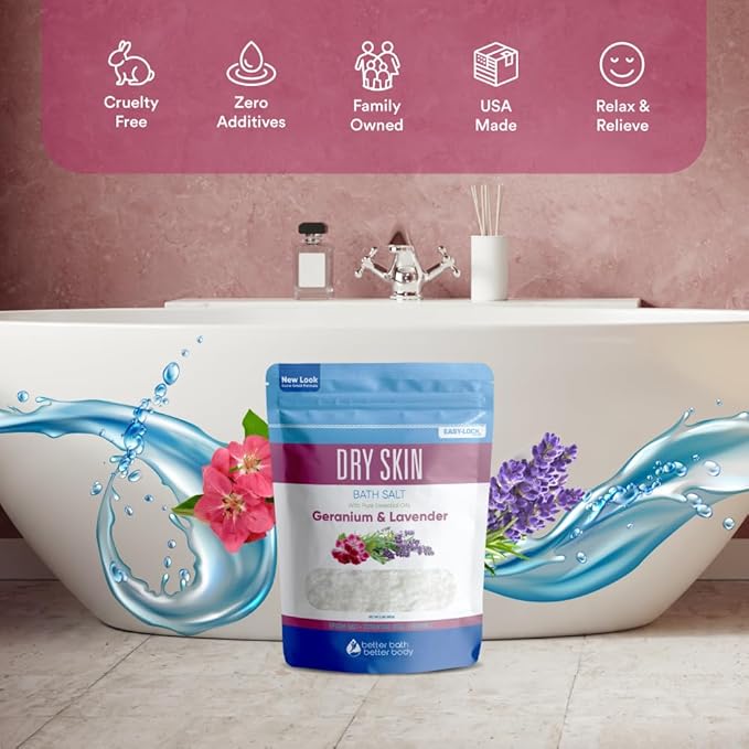 Dry Skin Bath Salt 32 Ounces (2 Lbs) Epsom Salt with Natural Geranium and Lavender Essential Oils Plus Vitamin C in BPA Free Pouch with Easy Press Lock Seal Made in USA