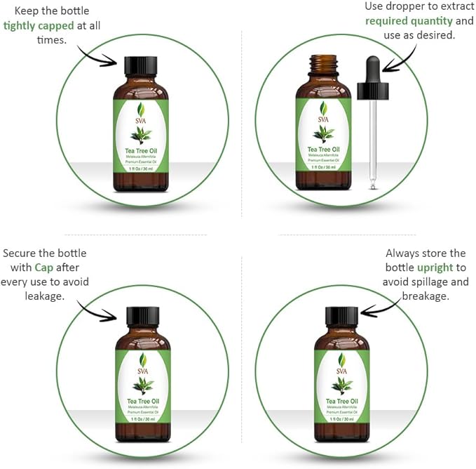 SVA Tea Tree Essential Oil – 1 Fl Oz – 100% Natural Tea Tree Oil - for Diffuser, Hair Care, Face, Skin Care, Aromatherapy, Scalp and Body Massage, Soap and Candle Making – with Dropper