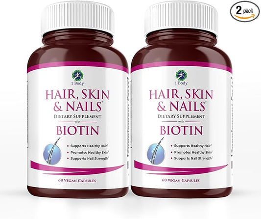 Hair, Skin and Nails Vitamin Supplement with Biotin, 2 Bottle Pack, Growth Formula for Men and Women