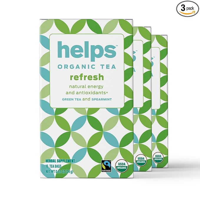 HELPS TEAS | Helps Refresh | Organic Green Tea with Spearmint. Natural Energy, Antioxidant, Slimming And Thermogenic Herbal Tea| 16 Tea Bags - Pack of 3 |