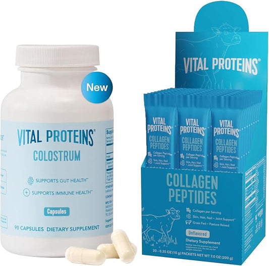 Vital Proteins Collagen Peptides Powder Travel Packs (20ct per Box) and Bovine Colostrum Supplement 90 Capsules