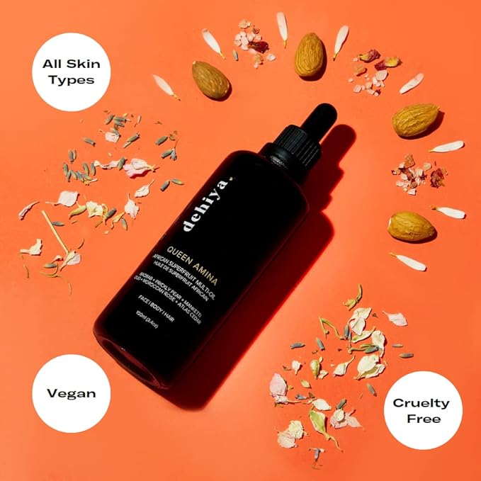 Queen Amina African Superfruit Oil, Face Oil, Body Oil, Hair Oil, Cleansing Oil, Makeup Remover, Scalp Treatment, Beard Oil, Jojoba, Argan, Geranium, All Skin Types, 3.4oz, 100mL