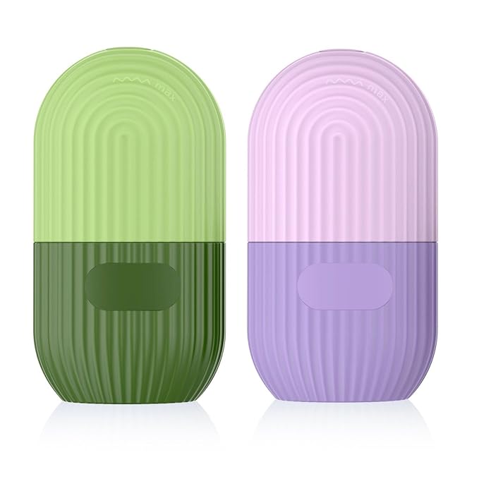 2pcs Ice Roller for Face and Eye, Silicone Ice Facial Roller Ice Holder, Face Ice Mold Skin Care, Face Icers Reusable Ice Cube Roller for Shrink Pores Anti Wrinkle Reduce Puffiness, Green Purple