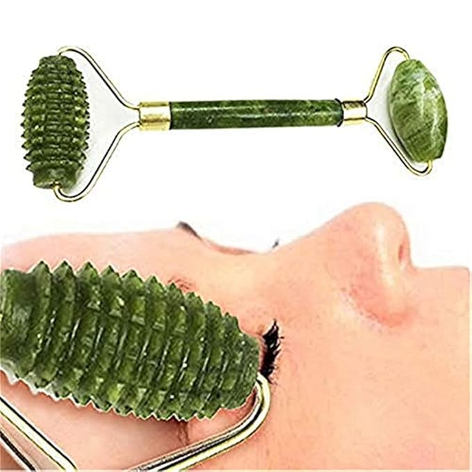 Emerald Facial Roller Massager Anti-wrinkle and relieve edema, facial ridged roller natural Xiuyan jade rejuvenates the skin (green)