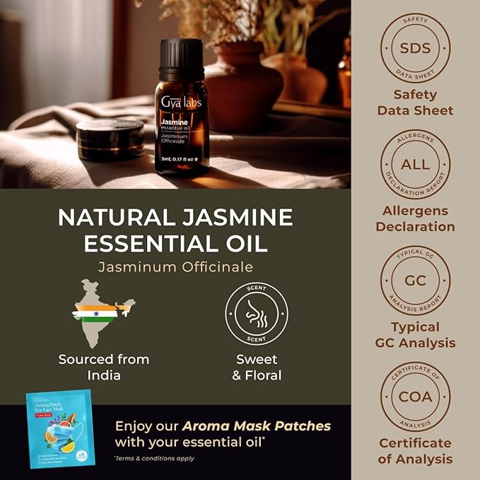 Gya Labs Jasmine Essential Oil for Diffuser - 0.17 Fl Oz - 100% Pure Natural Jasmine Oil for Skin, Hair, Body Massages Aromatherapy, Candle Making - Floral & Alluring Scent