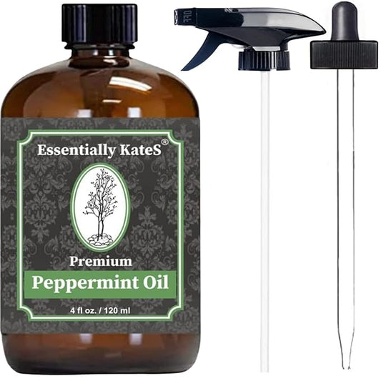 Peppermint Essential Oil 4 oz. with Huge Glass Bottle, Glass Dropper, and Sprayer. Detailed User's Guide E-Book. Skin Care, Garden Care, and Hair Care.