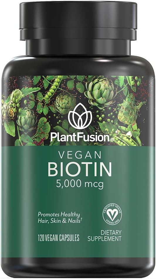 PlantFusion Vegan Biotin from, Premium Vegan Biotin for Women and Men (5000mcg), Natural Hair Skin and Nails Vitamins, 120 Vegan Capsules