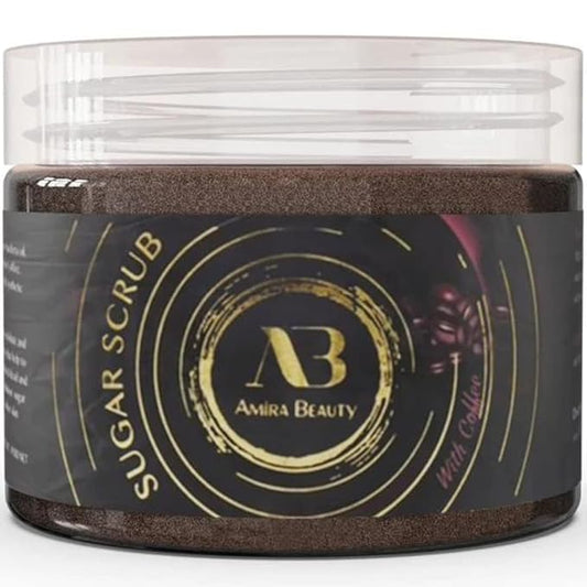 AB Amira Beauty Sugar Body Scrub - Moisturizing, Exfoliating Deep Skin Cleanser. Reduces Acne, Cellulite, Stretch Marks, Dead Skin, Scars, and Wrinkles 14oz (Coffee)