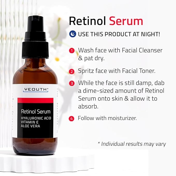 YEOUTH Retinol Serum for Face with Hyaluronic Acid & Vitamin E, Hydrating Retinol for Face, Night Serum Suitable for All Skin Types 2oz