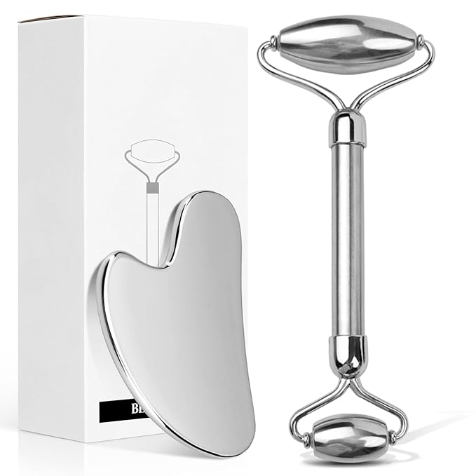 Aresvns Stainless Steel Facial Roller & Gua Sha - Metal Gua Sha, Gua Sha Facial Tools Stainless Steel, Face Body Treatment, Reduce Puffiness, Lymphatic Drainage, Facial Tension