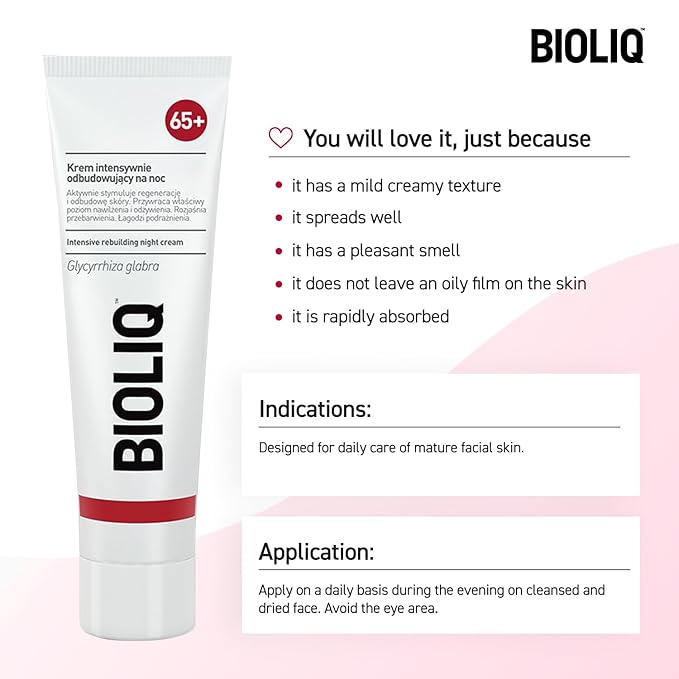 65+ Intensive Rebuilding Night Cream - Hyaluronic Acid, Vitamin A, Licorice Extract for Regeneration, Hydration, and Discoloration - 50 ml