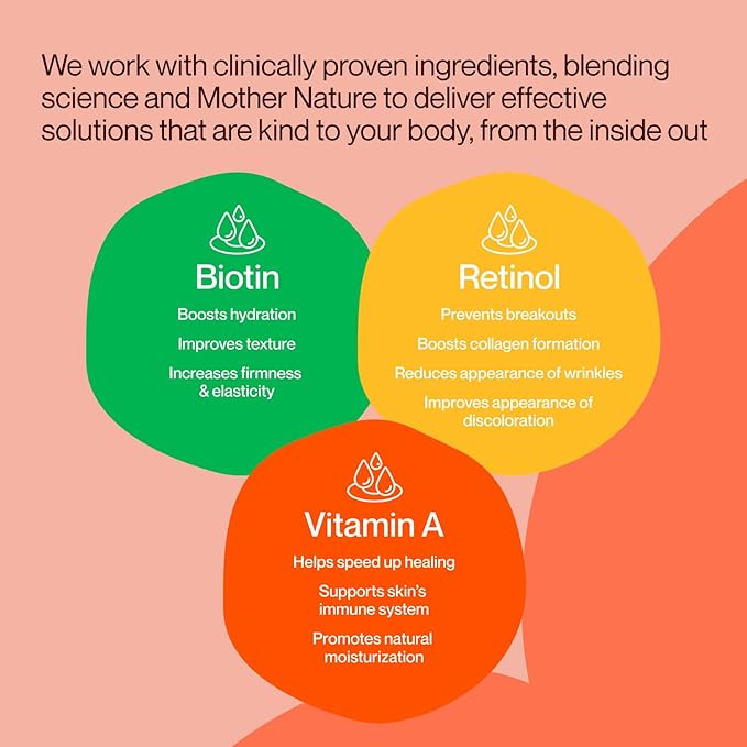 Skin Retinol and Biotin Gummies for Clear, Smooth Skin, Healthy Hair & Nails | Supplement with Zinc, Vitamins A, E and C | Non-GMO, Gluten-Free, Cherry Flavor, 60 Count