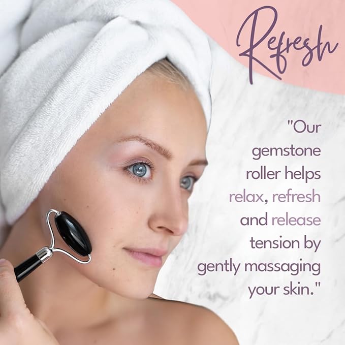 CELESTIAL SILK Black Obsidian Face Roller - Premium Anti Aging Beauty Tool for Depuffing, Genuine Volcanic Glass Gemstone Facial Roller