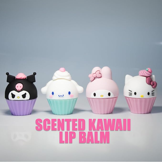 25 Glam Lux Bundle Kawaii Cupcake Scented Lip Balm Set, Hello Kitty & Friends Characters, 4 Pack, Moisturizing Formula Kuromi Melody Hydrating Yummy Scented