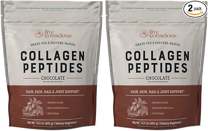 Live Conscious Collagen Peptides Powder - Chocolate Collagen Powder - Hair, Skin, Nail, and Joint Support - Type I & III Grass-Fed Collagen Supplements for Women and Men (2-Pack)