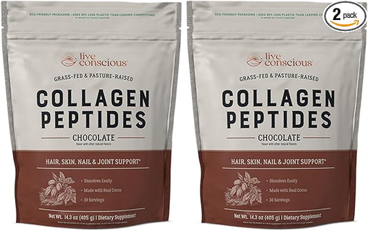 Live Conscious Collagen Peptides Powder - Chocolate Collagen Powder - Hair, Skin, Nail, and Joint Support - Type I & III Grass-Fed Collagen Supplements for Women and Men (2-Pack)