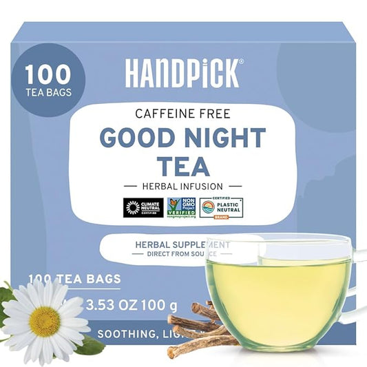 HANDPICK, Good Night Tea Bags (100 Count) Night Time Herbal Tea | Caffeine Free, Gluten Free | Floral Blend - Lavender, Chamomile, Peppermint | Natural Tea, Perfect for Bedtime