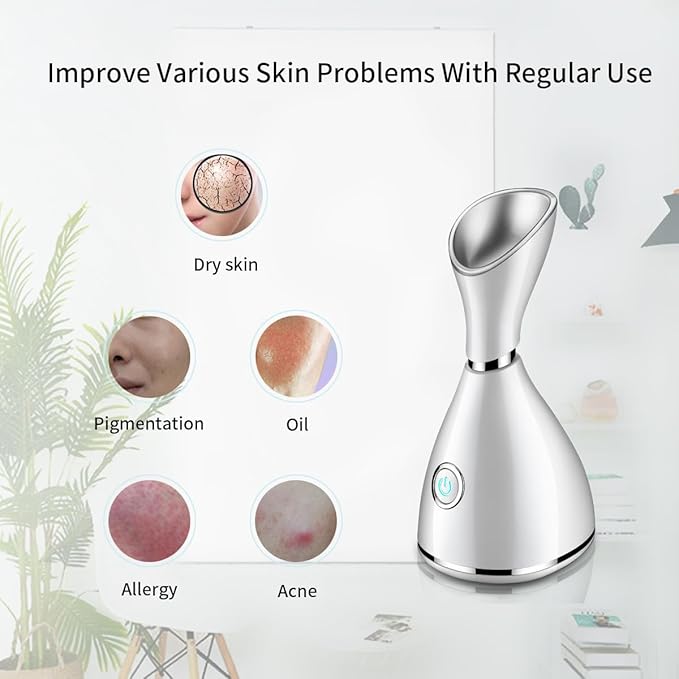 Facial Steamer-Nano Ionic Facial Steamer Warm Mist Humidifier Atomizer Sprayer Moisturizing Face Steamer Home Sauna SPA Face with 4 Piece Stainless Steel Skin Kit and Hair Band(White)