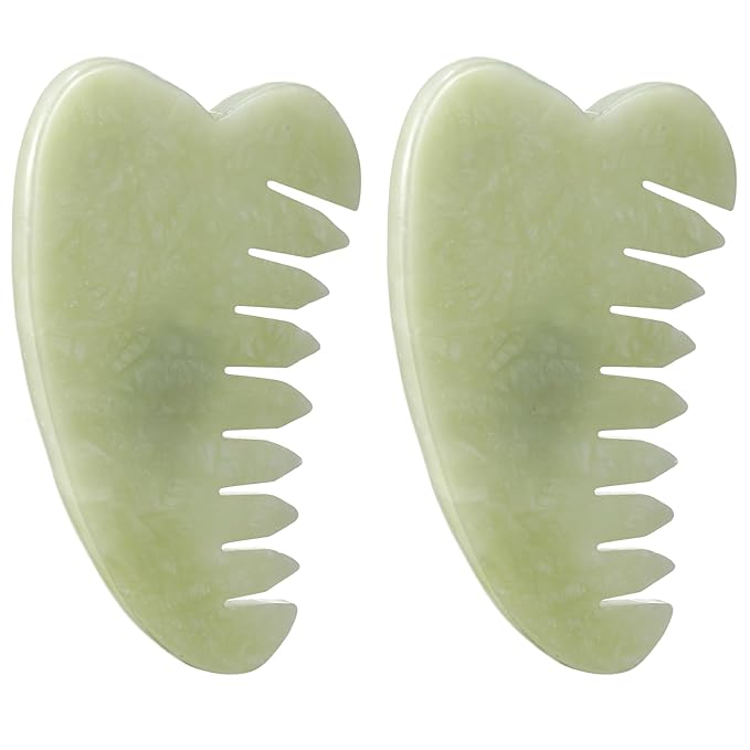 Geiserailie 2 Pieces Jade Combs Massage Stone Hair Gua Sha Scraping Scalp Comb Facial Massage Tool Multifunctional Handheld Head Tools Head Caring Therapy Mother's Day Gift(Heart Style)