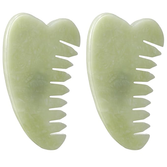 Geiserailie 2 Pieces Jade Combs Massage Stone Hair Gua Sha Scraping Scalp Comb Facial Massage Tool Multifunctional Handheld Head Tools Head Caring Therapy Mother's Day Gift(Heart Style)