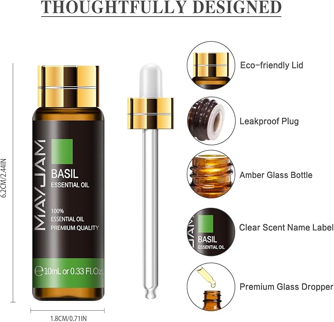 Basil Essential Oil, MAYJAM 10ML/0.33FL.OZ Premium Basil Oils for Soap Candle Making, Diffuser, Bedroom, Living Room, Office