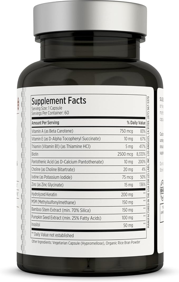 LES Labs Hair Health – Hair Growth & Nails Supplement, Improved Thickness, Strength & Fullness – Keratin, Biotin, Pumpkin Seed & MSM – 60 Capsules