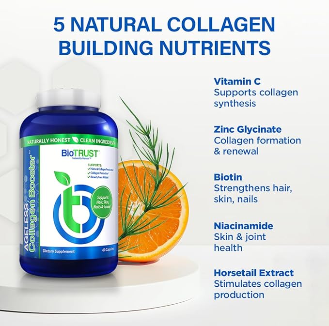 BioTrust Ageless Collagen Booster, Powerfully Support Beauty from Within, Plant-Based Collagen Builder, Glowing Skin, Gorgeous Hair, Beautiful Nails, Healthy Joints, 60 Capsules (30 Servings)