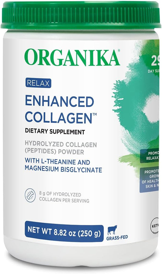 Organika Enhanced Relax Collagen Peptides Powder with L-Theanine & Magnesium Bisglycinate (8.82 oz - 250 g): Enriched Collagen Powder for Women & Men - Skin, Hair, Joints - Sleep, Vitality, Relaxation