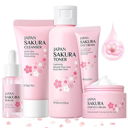 Skin Care Sets for Teenage Girls JAPAN SAKURA Women Beauty Gift Sets Skincare Kit with Cleanser, Toner, Serum, Eye Cream, Face Cream Travel Pamper Sets for Women Gifts,Skin Care Sets & Kits