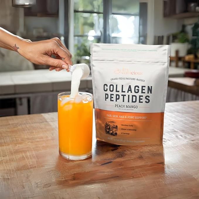 Live Conscious Collagen Peptides Powder - Peach Mango Flavored Collagen Powder - Hair, Skin, Nail, & Joint Support - Type I & III Grass-Fed Collagen Supplements for Women and Men - 30 Serving - 12.4oz