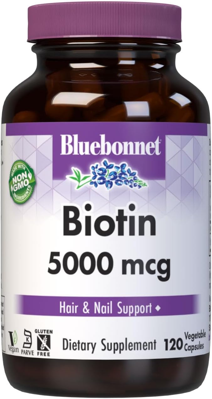 Bluebonnet Nutrition Biotin 5000 mcg, Hair & Nail Support*, Non-GMO, Vegan, Kosher Certified, Gluten-Free, Soy-Free, Dairy-Free, 120 Vegetable Capsules, 120 Servings