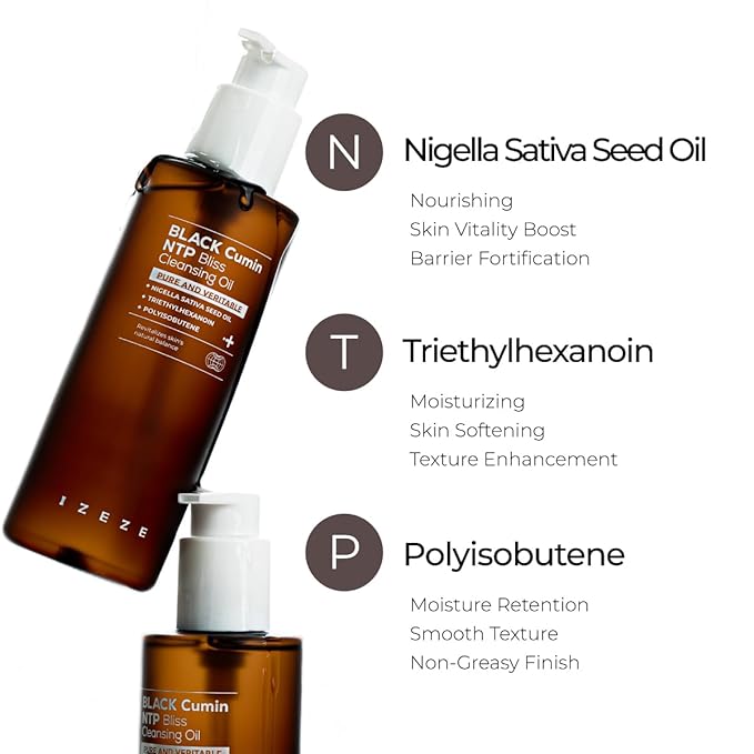 IZEZE Black Cumin NTP Bliss Cleansing Oil 6.76 fl.oz, 200ml | Waterproof Makeup Remover, Blackheads and Sebum Care, Deep Cleansing, Thymoquinone, Nigella Sativa Seed Oil For Skin Health