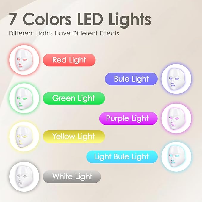 Led Face Mask Light Therapy, 7-1 Colors LED Facial Skin Care Mask, Red Light Therapy for Face, White
