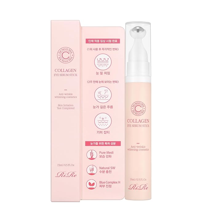 RiRe Collagen Eye Serum Stick 15ml(0.5 fl.oz.) Hydrolyzed Collagen 76%, Hypoallergenic, All Skin Type, Dermatologist Tested, Niacinamide, Adenosine,Airless Pump