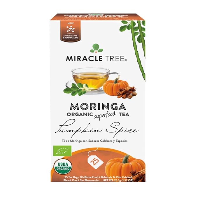 Miracle Tree - Organic Moringa Superfood Tea, 25 Individually Sealed Tea Bags, Pumpkin Spice (Keto/Paleo, Immune Support, Energy & Immunity Booster, Vegan, Gluten-Free, Certified Organic, Non-GMO, Antioxidant, Caffeine-Free)