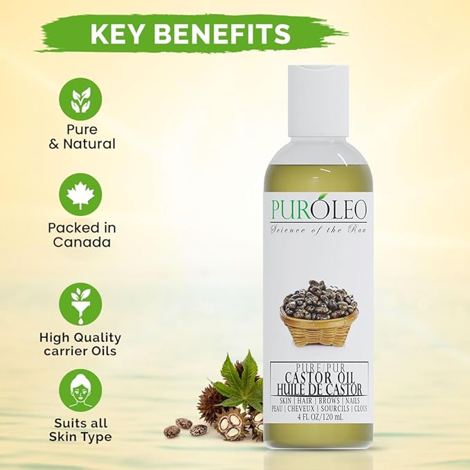 PURÓLEO 100% Natural and Pure Castor Oil 4 Fl Oz / 120 ML (MADE IN CANADA) | Moisturizer & Carrier Oil | Hair Skin Body, Aromatherapy, Massage, Makeup Remover