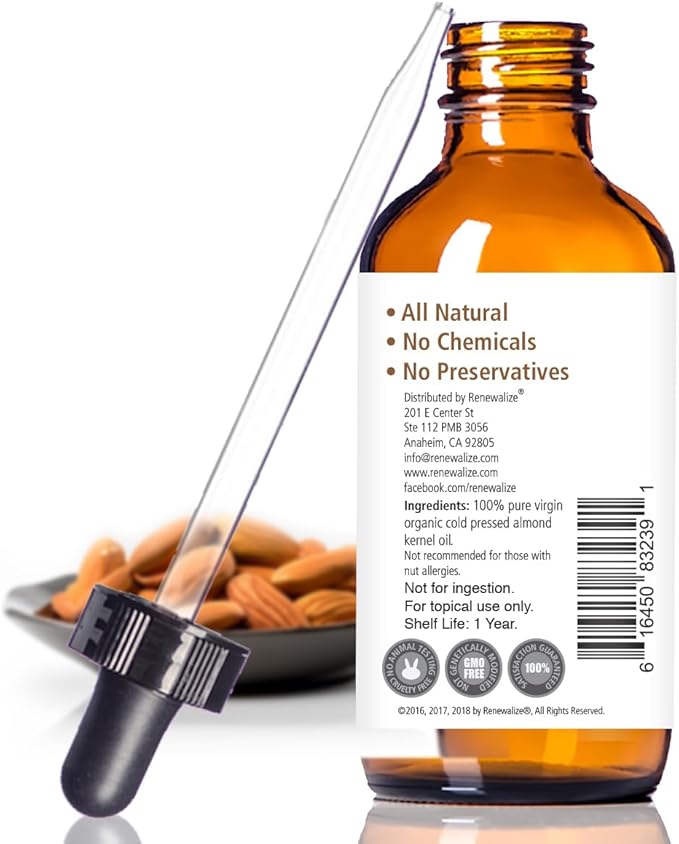 Organic Sweet Almond Oil MOISTURIZER - in 4 oz Glass Bottle with Dropper | Unrefined Cold Pressed Skincare Lotion | Essential Natural Personal Massage Oils for The Skin and Body