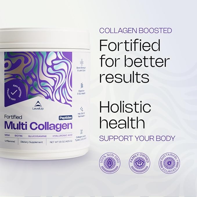 LevelUp Multi Collagen Fortified with Biotin, MSM, Hyaluronic Acid, Glucosamine, Collagen Types I, II, III, V & X, for Joints Hair Skin Nails Gut (Unflavored)