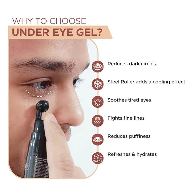 The Man Company Under Eye Gel With Cooling Massage Roller For Dark Circles, Fine Lines & Puffy Eyes with Caffeine & Hyaluronic Acid – 15gm