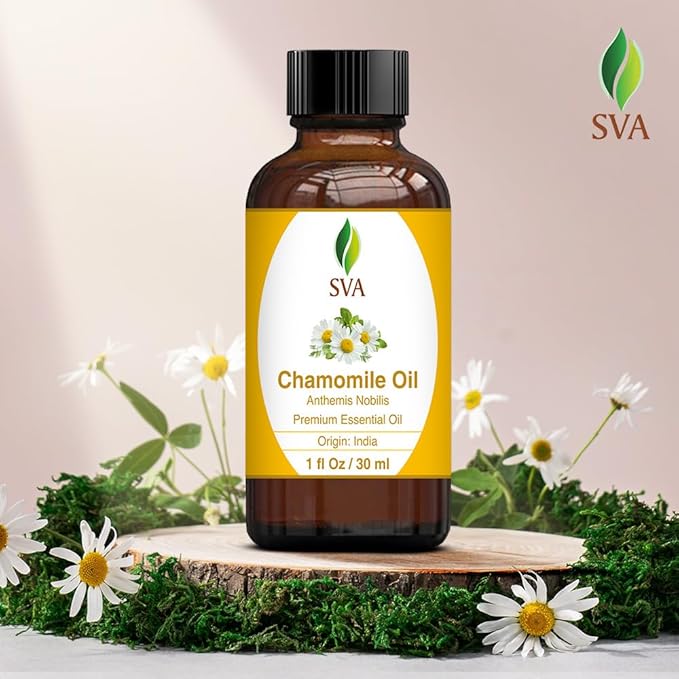 SVA Chamomile Essential Oil – 1 Fl Oz – 100% Natural Chamomile Oil - for Diffuser, Hair Care, Face, Skin Care, Aromatherapy, Scalp and Body Massage, Soap and Candle Making – with Dropper