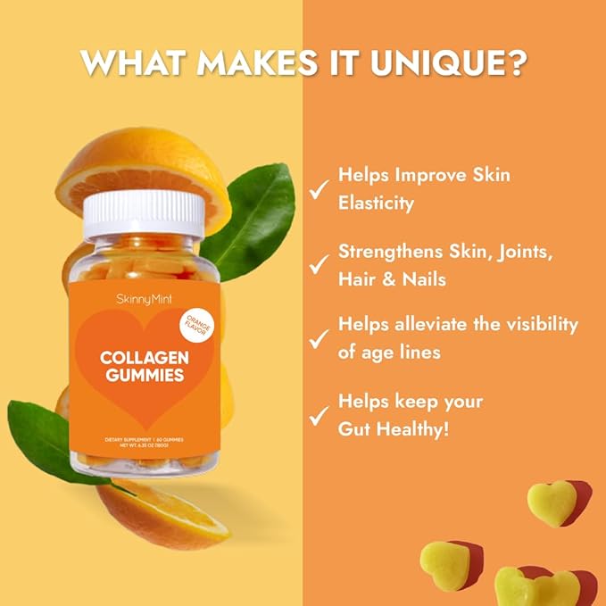 SkinnyMint Collagen Gummies Supplement for Healthy Skin, Nails & Hair Support, Gluten Free Collagen Chewable Gummies for Men & Women, Natural Orange Flavor -60 Count(180G)- 1 Month Supply