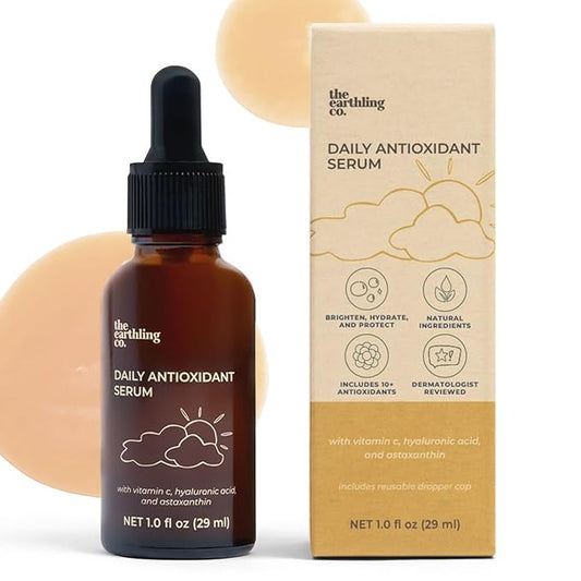 The Earthling Co. Antioxidant Serum for Daily Use - Brightens, Evens Skin Tone and Reduces Dark Spots with Vitamin C and Hyaluronic Acid - Gentle Hydrating Serum for Sensitive Skin, 1.0 fl oz