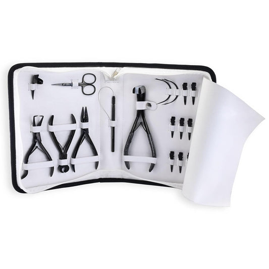 My Hair Tools Hair Extension Tools Kit – Tape-in Press Plier, Keratin Bond Cutter, 3 Hole Nano & Micro Beads Crimping & Remover Pliers, Hair Parting Tool, Mini Scissor, 12pcs Clips & Needles (Black)