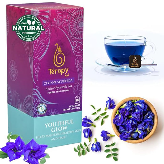 Térapy Ceylon Youthful Glow Herbal Tea Bags | Helps Maintain Healthy Skin and Hair | 100% Natural Blue Butterfly Peas, Licorice Root, Green Tea & More | Individually Wrapped Organic Tea Bags |18 Count